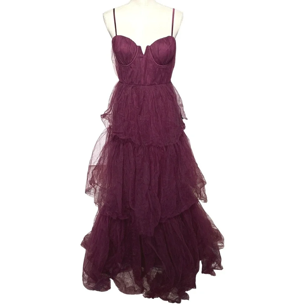 Lulus Burgundy Romantic Tiered Tulle Corset Formal Maxi Gown NWT L